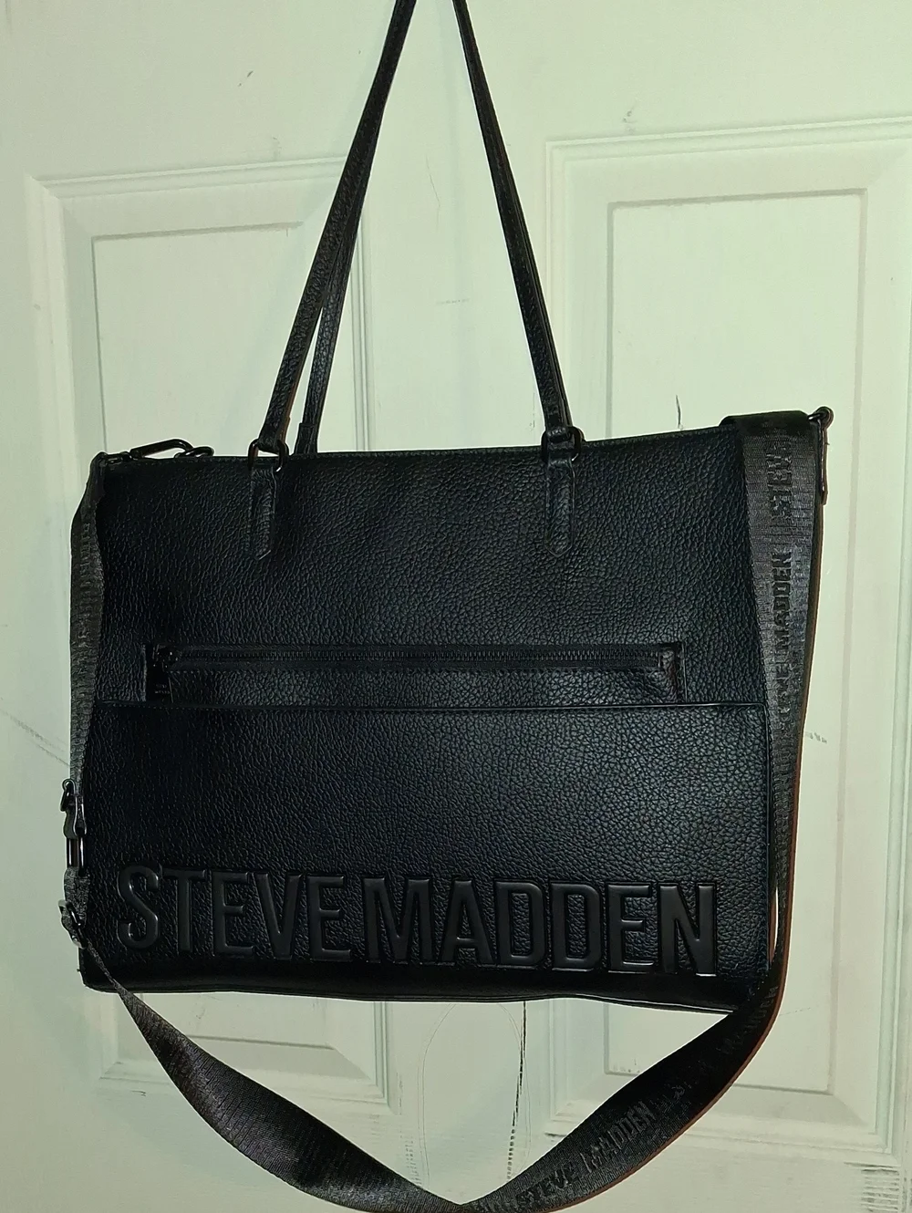 Steve Madden Black Leather Laptop Tote with Adjustable Strap NWOT